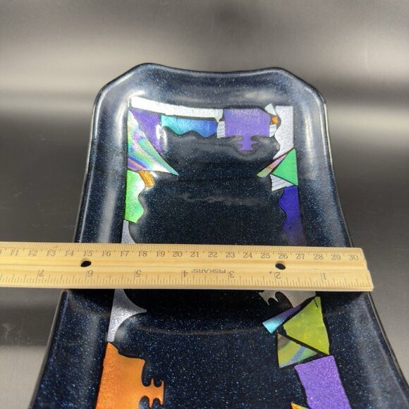 Hand Made Dichroic Art Glass Fused Iridescent Finish Curved Footed Bowl Dish VTG - Picture 8 of 16